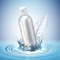 White cosmetic products with water splash on cyan background.