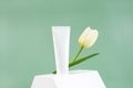 White cosmetic tube with tulip flower on white podium