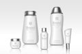 White cosmetics branded bottles with brand logo package design mockup. Advertisement banner template. Skincare products