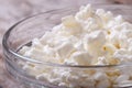 White cottage cheese close-up in glass bowl