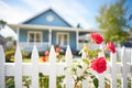 white cottage with a picket fence and climbing roses Royalty Free Stock Photo