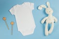 White cotton baby short sleeve bodysuit with soft plush sleeptoy bunny and natural wooden toy on light blue background Royalty Free Stock Photo