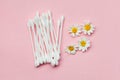 White cotton ear sticks and fresh chamomile flowers on pastel pink background Royalty Free Stock Photo