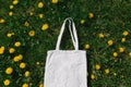 White cotton or mesh bag on dandelion green grass background. Zero waste, no plastic eco friendly shopping, recycling Royalty Free Stock Photo