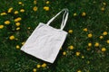 White cotton or mesh bag on dandelion green grass background. Zero waste, no plastic eco friendly shopping, recycling Royalty Free Stock Photo