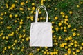 White cotton or mesh bag on dandelion green grass background. Zero waste, no plastic eco friendly shopping, recycling Royalty Free Stock Photo