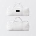 White cotton textile sport fashion bag with handles isolated at empty background.Clean black mockup label on the front