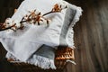 White cotton towels and cotton brunch on a rattan box Royalty Free Stock Photo