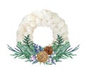 White cotton wreath with spruce bouquet. Christmas watercolor composition