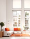 A white couch with orange pillows in a room with windows Generative AI Royalty Free Stock Photo