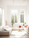 A white couch with orange pillows in a room with windows Generative AI Royalty Free Stock Photo