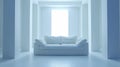 A white couch in a room with pillars and windows, AI Royalty Free Stock Photo
