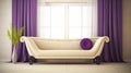 a white couch sitting in front of a window with a purple pillow on it\'s back and a green plant in front of it