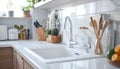 White counters with sink and utensils in interior of modern kitchen Royalty Free Stock Photo