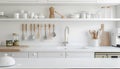 White counters with sink and utensils in interior of modern kitchen Royalty Free Stock Photo