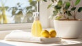 a white countertop with plants, a bottle of cleaning spray and a towel sitting in the corner