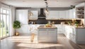 White country kitchen design with bright accents, appliances, pleasant lighting, light and airy kitchen