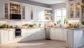 White country kitchen design with bright accents, appliances, pleasant lighting, light and airy kitchen