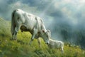 White cow and calf in green field on a beautiful summer day. Farm animals graze on hilly farmland. AI Generated