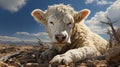 A white cow laying on top of a pile of rocks. Generative AI image.