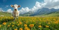 White cow looking for grass in field with flowers and mountains on italian Alps landscape