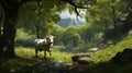 White Cow In Unreal Engine Forest: A Nostalgic Barbizon School Inspired Scene