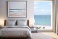 White cozy bedroom in hotel with large window, empty mock up poster bed and sea view. Generative AI Royalty Free Stock Photo