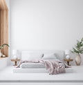 White cozy bedroom interior, Scandinavian style, wall mockup