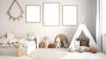 White cozy children room with mock up frame, Scandinavian style. Generative AI Royalty Free Stock Photo