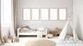 White cozy children room with mock up frame, Scandinavian style. Generative AI Royalty Free Stock Photo
