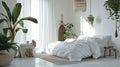 White cozy coastal bedroom interior. Ai Generative Royalty Free Stock Photo