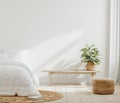 White cozy farmhouse bedroom interior, wall mockup