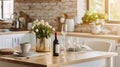 White Cozy Kitchen Table at Home Provence Interior. Champagne Bottle for Honey Dinner Date on Light Wooden Counter. Generative AI