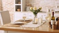 White Cozy Kitchen Table at Home Provence Interior. Champagne Bottle for Honey Dinner Date on Light Wooden Counter. Generative AI