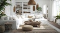 White cozy living room interior, Coastal Boho style. Generative Ai Royalty Free Stock Photo