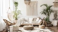 White cozy living room interior, Coastal Boho style. Generative Ai Royalty Free Stock Photo