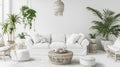 White cozy living room interior, Coastal Boho style. Generative Ai Royalty Free Stock Photo