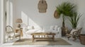 White cozy living room interior, Coastal Boho style. Generative Ai Royalty Free Stock Photo