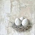 White cracked eggs in nest on script textured background. Easter rebirth and renewal concept