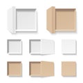 White and craft open boxes set. Empty cardboard container template. 3d top view. Blank space inside recycle pakage