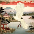 white crane is flying to the village from the sea japanese style image,generated with AI. Royalty Free Stock Photo