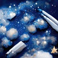 White crayons on a background of blue sky with clouds. AI Generated Royalty Free Stock Photo