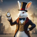 White crazy rabbit with a pocket watch from the fairy tale Alice in Wonderland Royalty Free Stock Photo