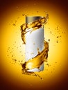 White cream bottle mock up of water splash golden color. Royalty Free Stock Photo