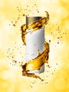 White cream bottle mock up of water splash golden color.