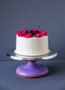 White Cream Icing Cake with Fruits, on blue background Royalty Free Stock Photo