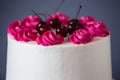 White Cream Icing Cake with Fruits, blue background Royalty Free Stock Photo