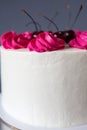 White Cream Icing Cake with Fruits, on blue background Royalty Free Stock Photo