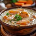 White Cream Soup with Pumpkin and Salmon, Creamy Seasoned Fish Broth with Vegetables