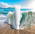 white cream tube with copy space. beach background daylight concept.